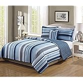 Bedspread Set for Boys/Teens Stripes Plaid Navy Blue White Light Blue New (Twin)