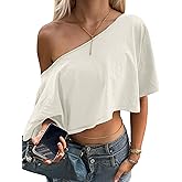 SHBECYDE Off The Shoulder Tops Oversized Short Sleeve Crop Tee Shirt Casual Loose Workout T-Shirt 2026 Summer Fashion Clothes