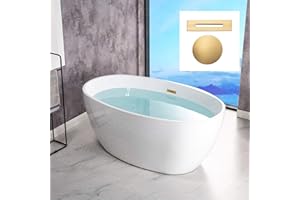 WOODBRIDGE 55" Acrylic Freestanding Bathtub Contemporary Soaking White Tub with Brushed Gold Overflow and Drain,B1418-BG