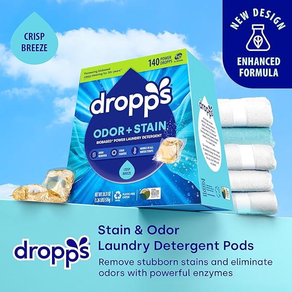 DROPPS ODOR & STAIN BIOBASED POWER LAUNDRY DETERGENT PODS, CRISP BREEZE HE COMPATIBLE LAUNDRY PODS FOR FRESH CLOTHES – LAUNDRY SOAP SUPPLIES & RECYCLABLE PAPERBOARD PACKAGING