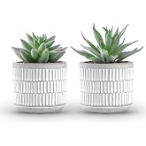 Der Rose 2 Pack Fake Succulents in Striped Ceramic Pots for Shelf Decor | Sturdy cement ceramic planters, realistic small fake plants,no watering for bathroom office desk decor,pet-friendly