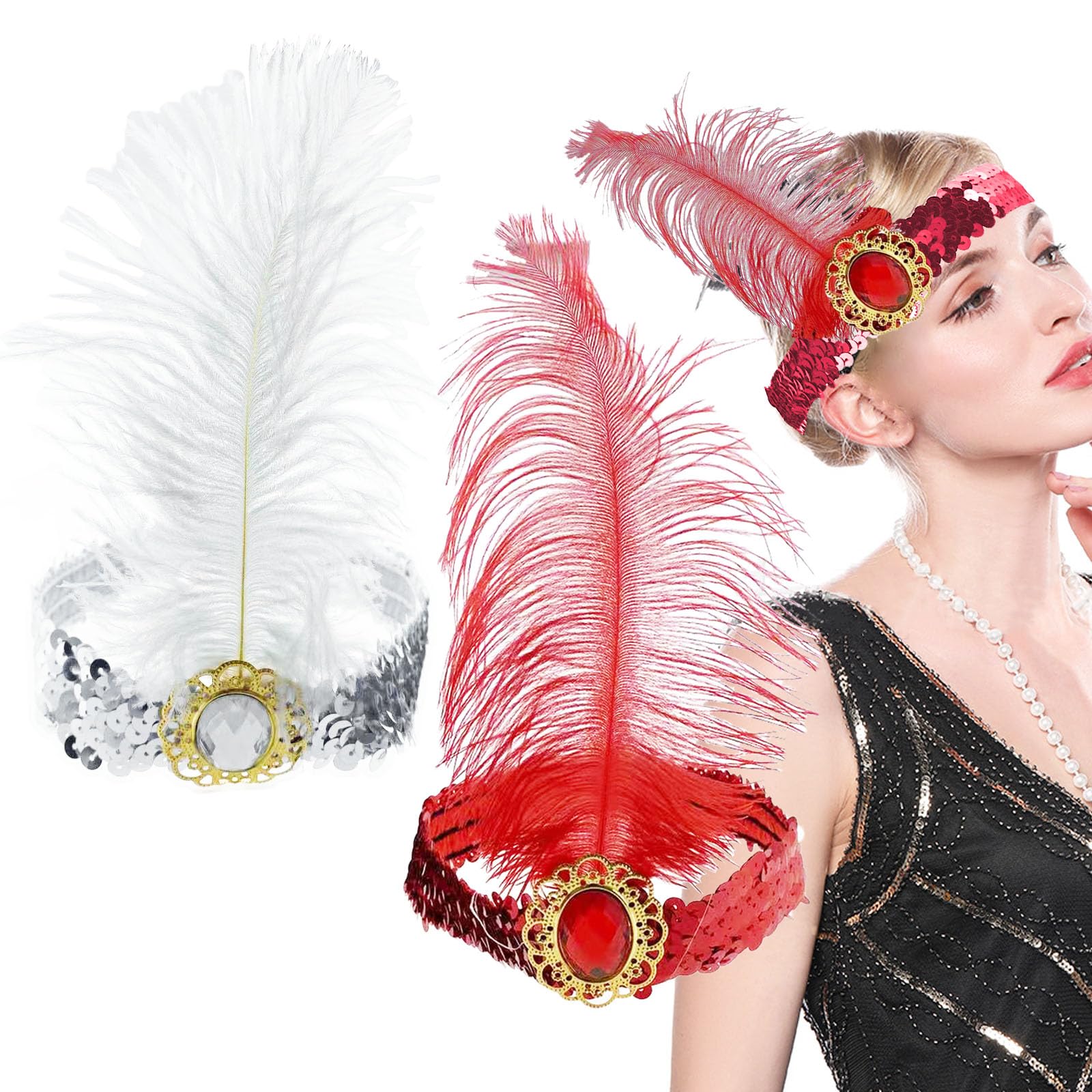 Qusmeiyici 2PCS 1920s Headbands for Women, Peacock Feather Sequins Headband Rhinestone Crystal Gatsby Flapper Headpiece Vintage Rhinestone Hair Accessories for Costume Party (Red+White)