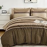 WONGS BEDDING 7 Pieces Comforter Set Queen Size, Brown Striped Bed in a Bag Comforter and Sheet Set, Minimalist Geometric Soft Lightweight Micorfiber Bedding Set for All Season (90"×90")