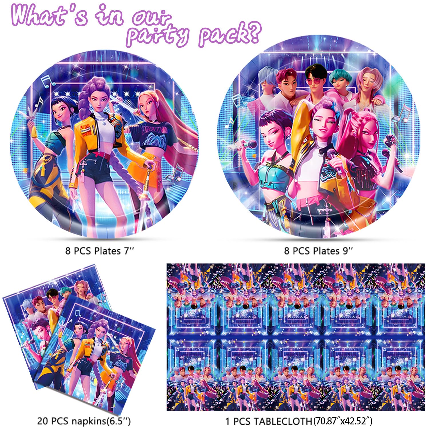 Demon Hunters Birthday Decorations, 20 Plates, 20 Napkins and 1 Tablecover for Boys Girls Kpop Party Supplies