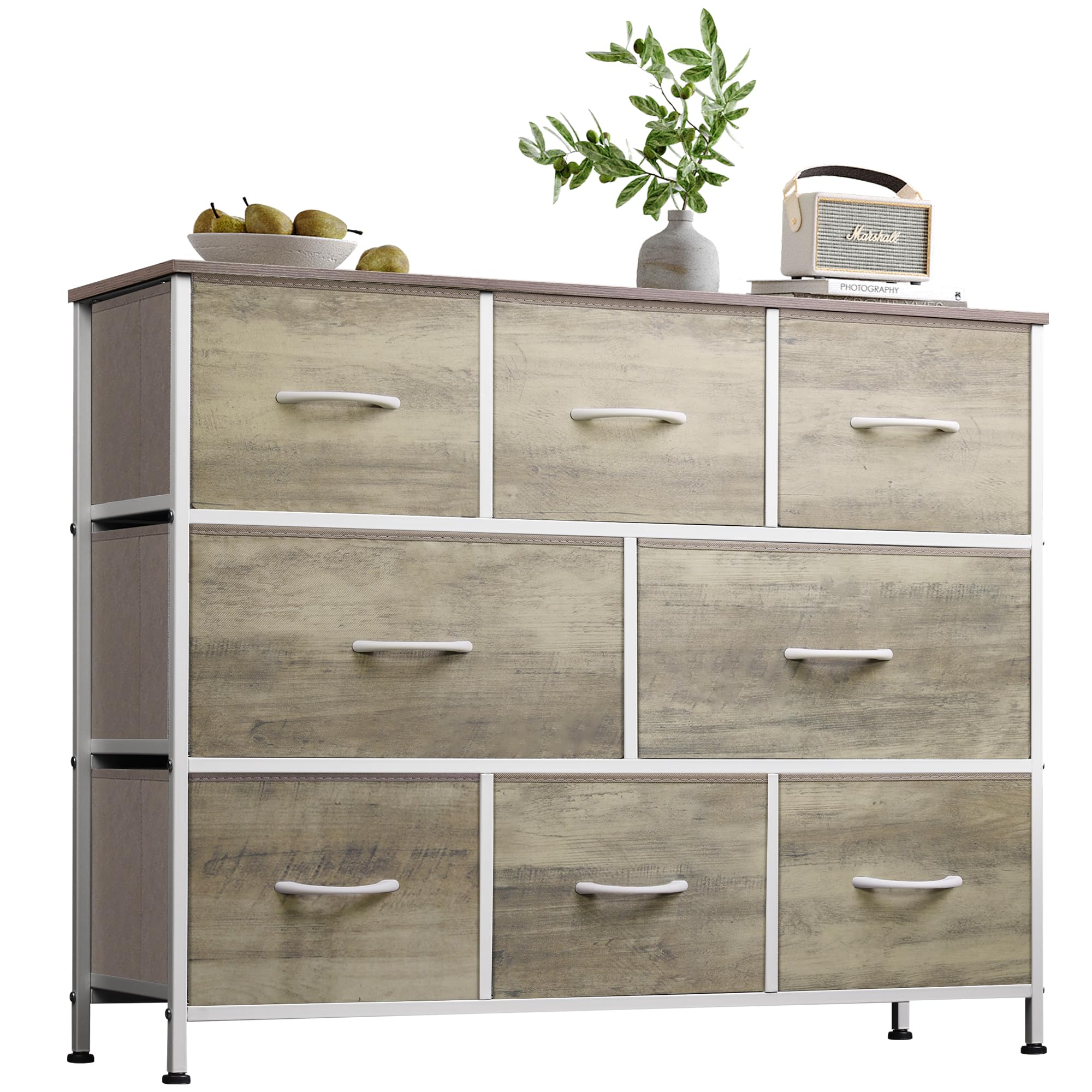 WLIVE Fabric Dresser for Bedroom, Storage Drawer Unit, Bedroom Dresser TV Stand for 32 40 43 inch TV, Wide Dresser with 8 Large Deep Drawers for Office, College Dorm, Greige Oak