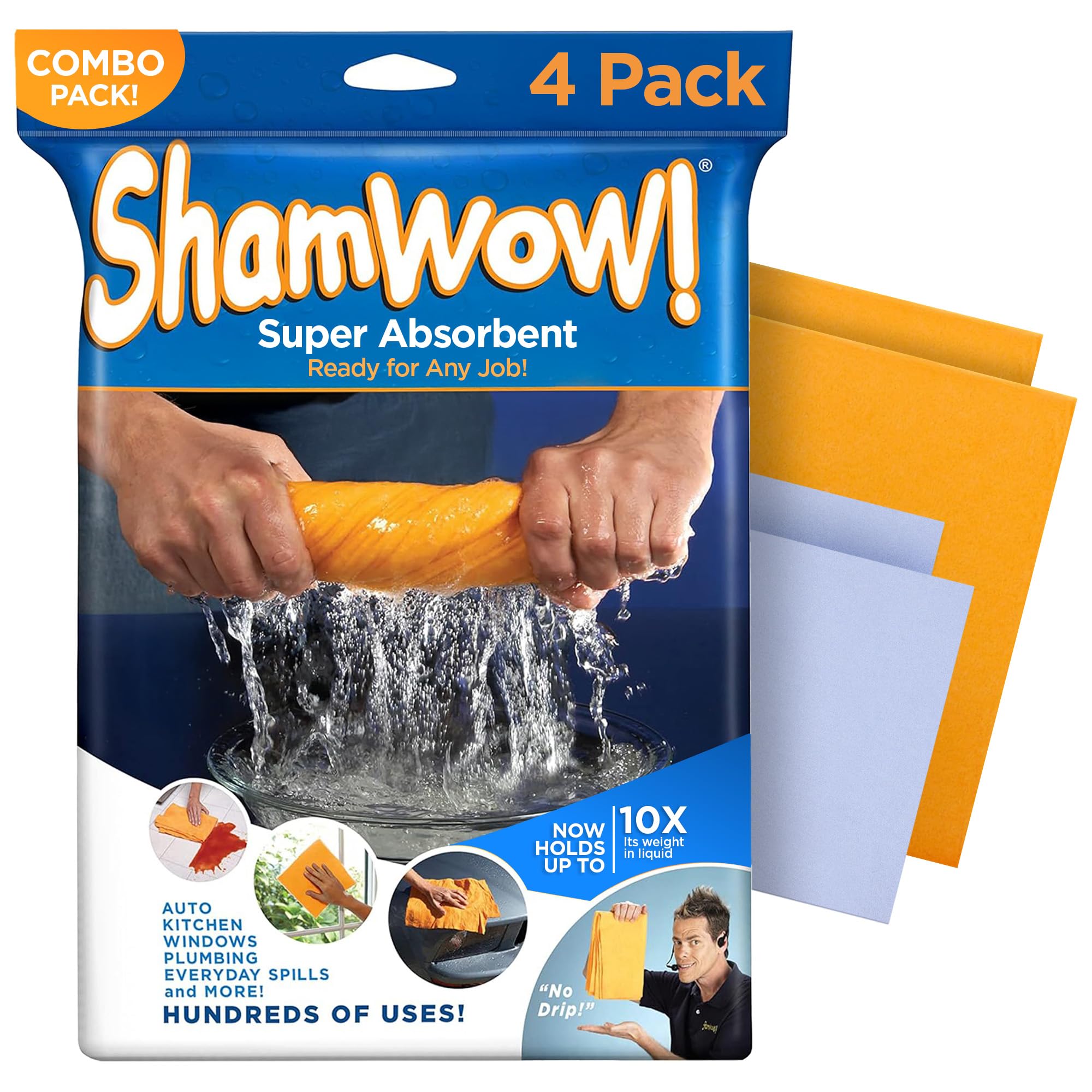 ShamWow The Original Super Absorbent Multi-Purpose Cleaning Shammy Chamois Towel Cloth - Holds 10X its Weight in Liquid - Machine Washable - Will Not Scratch (4 Pack: 2 Large Orange & 2 Small Blue)
