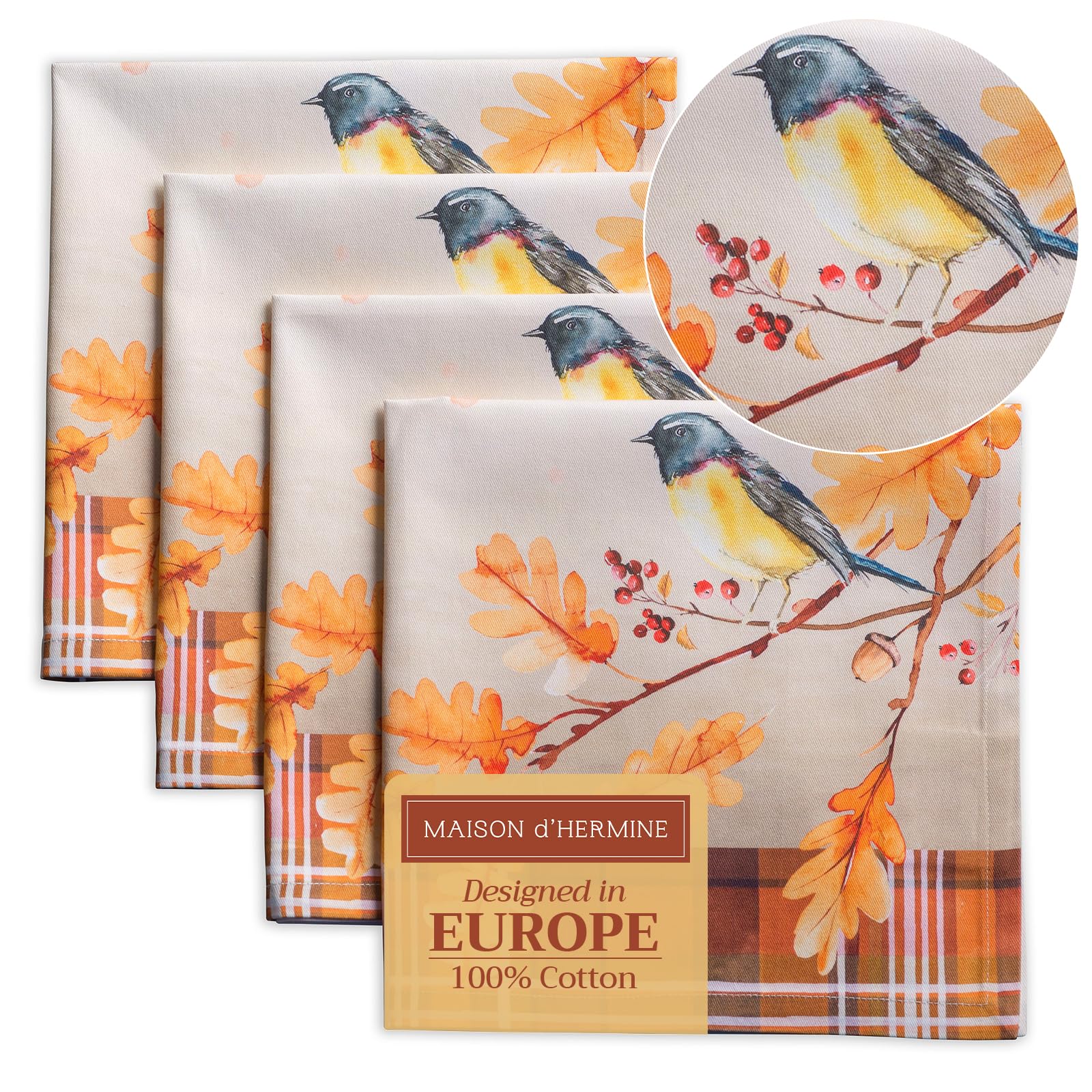 Maison d' Hermine Cloth Napkins Set of 4 100% Cotton for Christmas Decorations Everyday Reusable Square Autumn Napkins Cloth Washable Dinner Party Wedding (Oak Leaves, 45 CM x 45 CM)