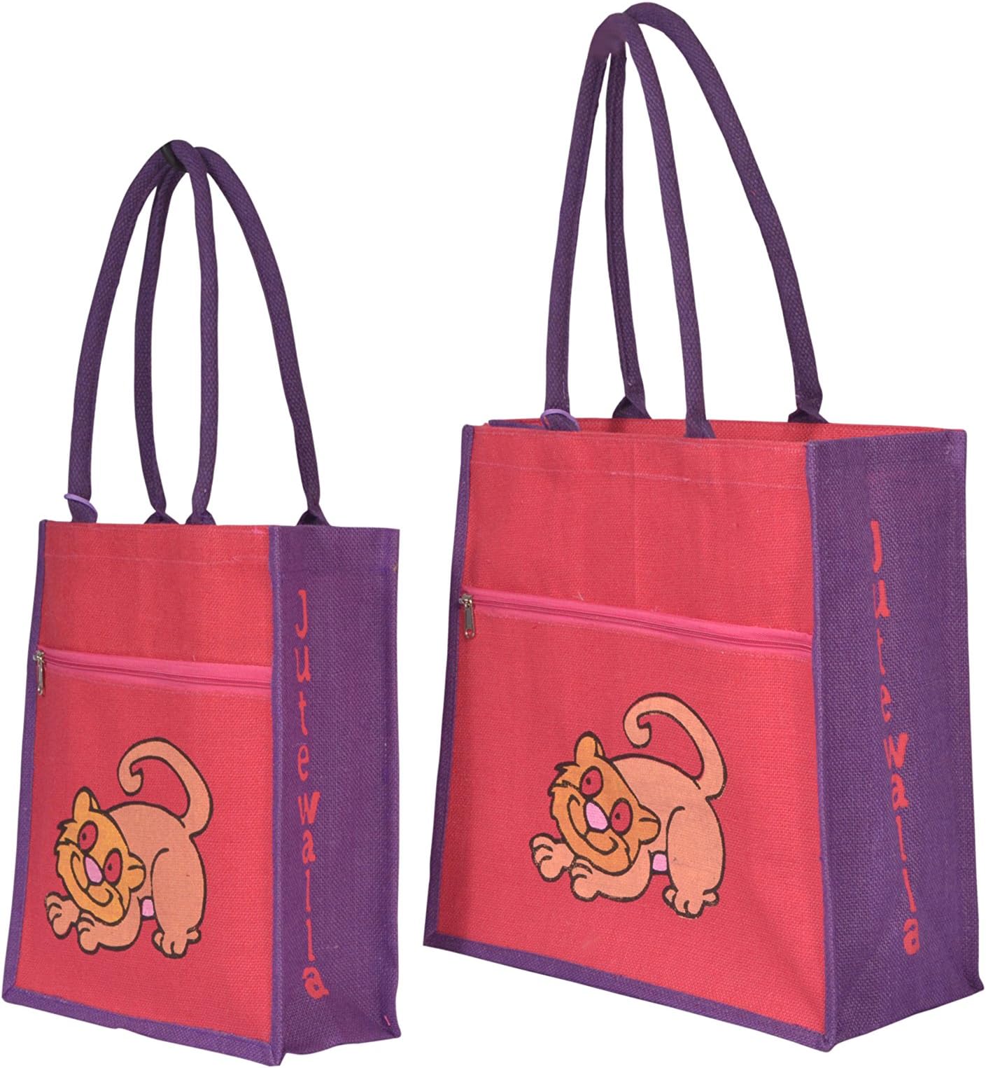 Jutewalla Reusable Shopping Bags (2 Pack: 1 Big and 1 Small) with Zipper and Pockets, Handmade, Eco-friendly, Premium Natural Burlap Bag with Long Handles, Handprinted Cat Design (Pink/Purple)