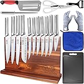 XYJ Authentic Since 1986,Kitchen Knife Block Set,11Pcs Knives with Magnetic Knife Block, Sharpener Rod, Scissors, Gloves, Paring Boning Steak Slicing Santoku Chef Knives,Ergonomic Handle