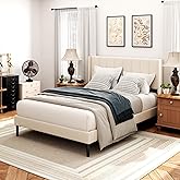 Sismplly Queen Bed Frame with Headboard,Bed Frame Queen Size Vertical Channel Tufted Wingback No Box Spring Needed, Mattress Foundation, Easy Assembly, Beige
