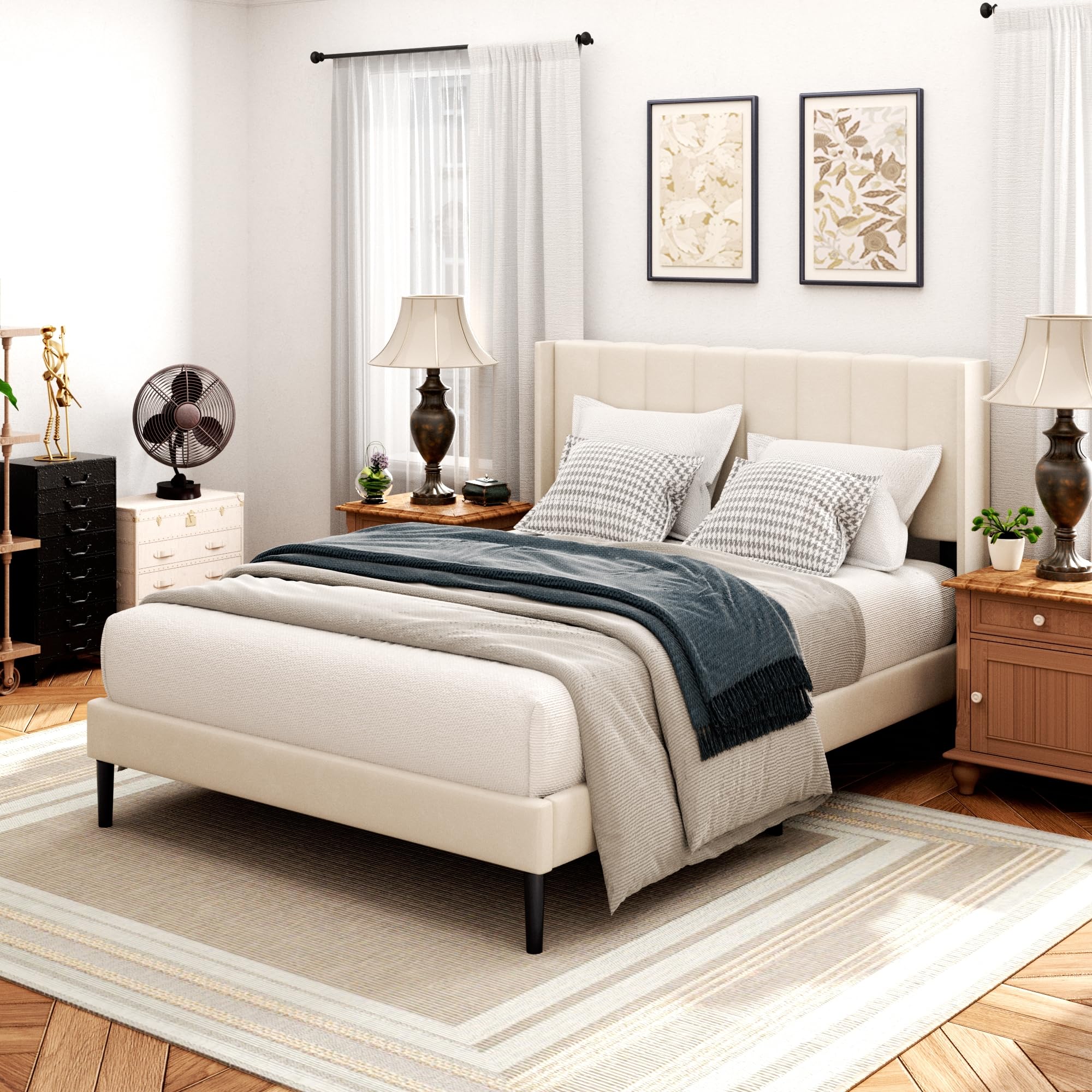 Photo 1 of Sismplly Queen Bed Frame with Headboard,Bed Frame Queen Size Vertical Channel Tufted Wingback No Box Spring Needed, Mattress Foundation, Easy Assembly, Beige