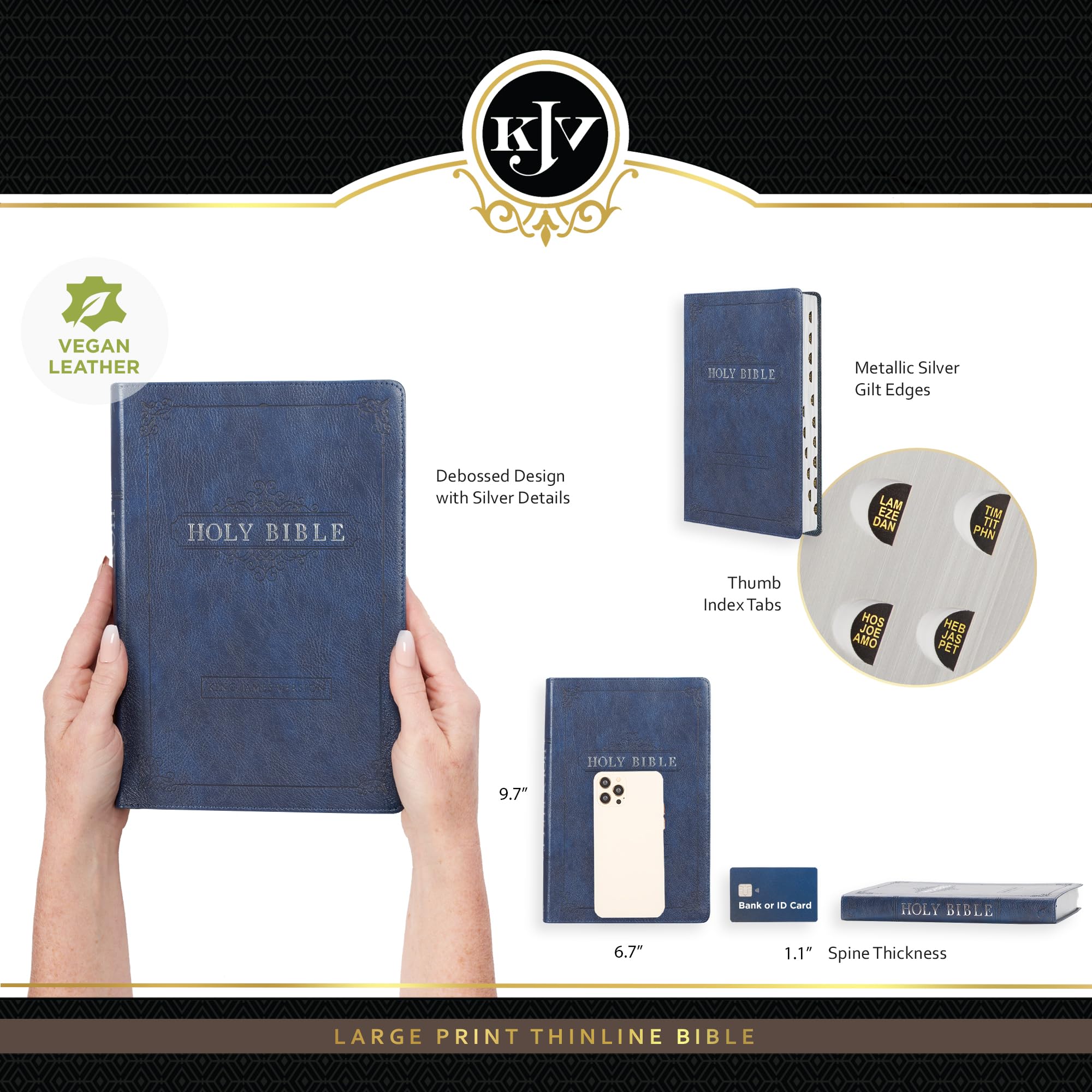 KJV Holy Bible, Thinline Large Print Faux Leather Red Letter Edition Thumb Index & Ribbon Marker, King James Version, Navy Blue (KJV Thinline LP Editions)