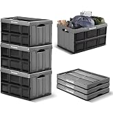 CleverMade Collapsible Storage Bins, 62L 3 Pack, 100 lb Stackable, Stone | Storage Totes for Bulk Hauls | Room for Club Groceries &amp; Oversized Gear | Folds to 2.75 Inches for Trunk Storage
