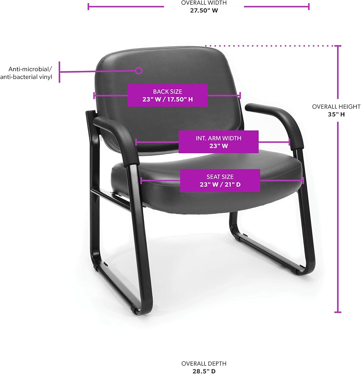 OFM Core Collection Big and Tall Guest and Reception Chair with Arms, Anti-Microbial/Anti-Bacterial Vinyl, in Black (407-VAM-606): Furniture & Decor