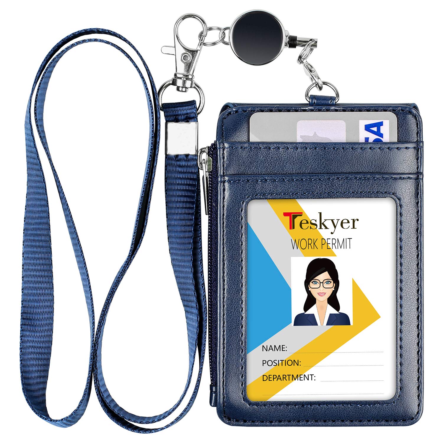 Teskyer Card Holder with Retractable Lanyard, Badge Holder with Zipper Pocket and Holds 4 Cards, Vertical Card Holder with Clear Window, PU Leather, Blue