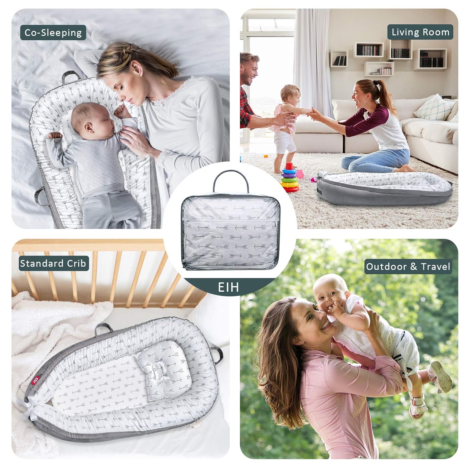 EIH Baby Nest,Baby Lounger Co-Sleeping Baby Bassinet for Bed Newborn Lounger 100% Soft Cotton Breathable and Portable Crib with Pillow Perfect for Traveling and Napping (Arrow): Baby