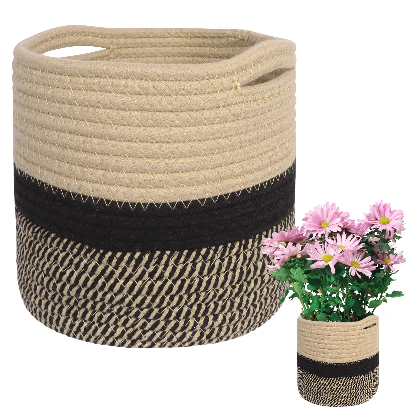 Minicoco Woven Cotton Rope Plant Basket for 7.8 Inch Planter, Cotton Rope Jute Plant Pot Decorative, Modern Decorative Folding Laundry Basket/Storage Organizer