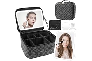 PEEH Makeup Bag with Lighted Mirror, Travel Make up Train Case with Adjustable Brightness Vanity Mirror and Detachable 10x Magnifying Mirror (Grey Clover)