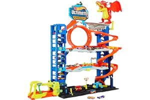 Hot Wheels City Ultimate Garage Track Set with 2 Die-Cast Toy Cars & Car-Eating Dragon, Stores 50+ Vehicles, 4 Levels