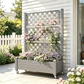 Fancyango Raised Garden Bed with Wheels 61.2" H -Gray | Resin Elevated Garden Planter Box with Trellis, Outdoor Planter Box for Veggies Herbs Patio Balcony Backyard