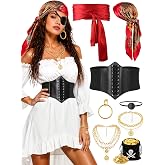 8PCS Pirate Costume Accessories for Women Halloween Pirate Costume Set | Pirate Look with Adjustable Corset Belt, Head Scarf, Waist Sash, Necklace, Earrings Eye Patch, Coins Pouch for Pirate Party