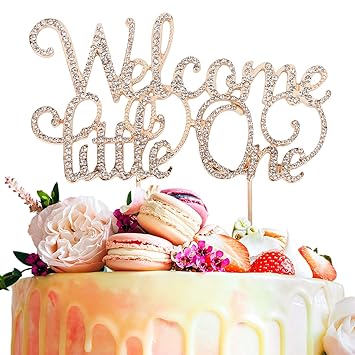 Welcome Little One Rhinestone Crystal Gold Metal Cake Topper Sweet