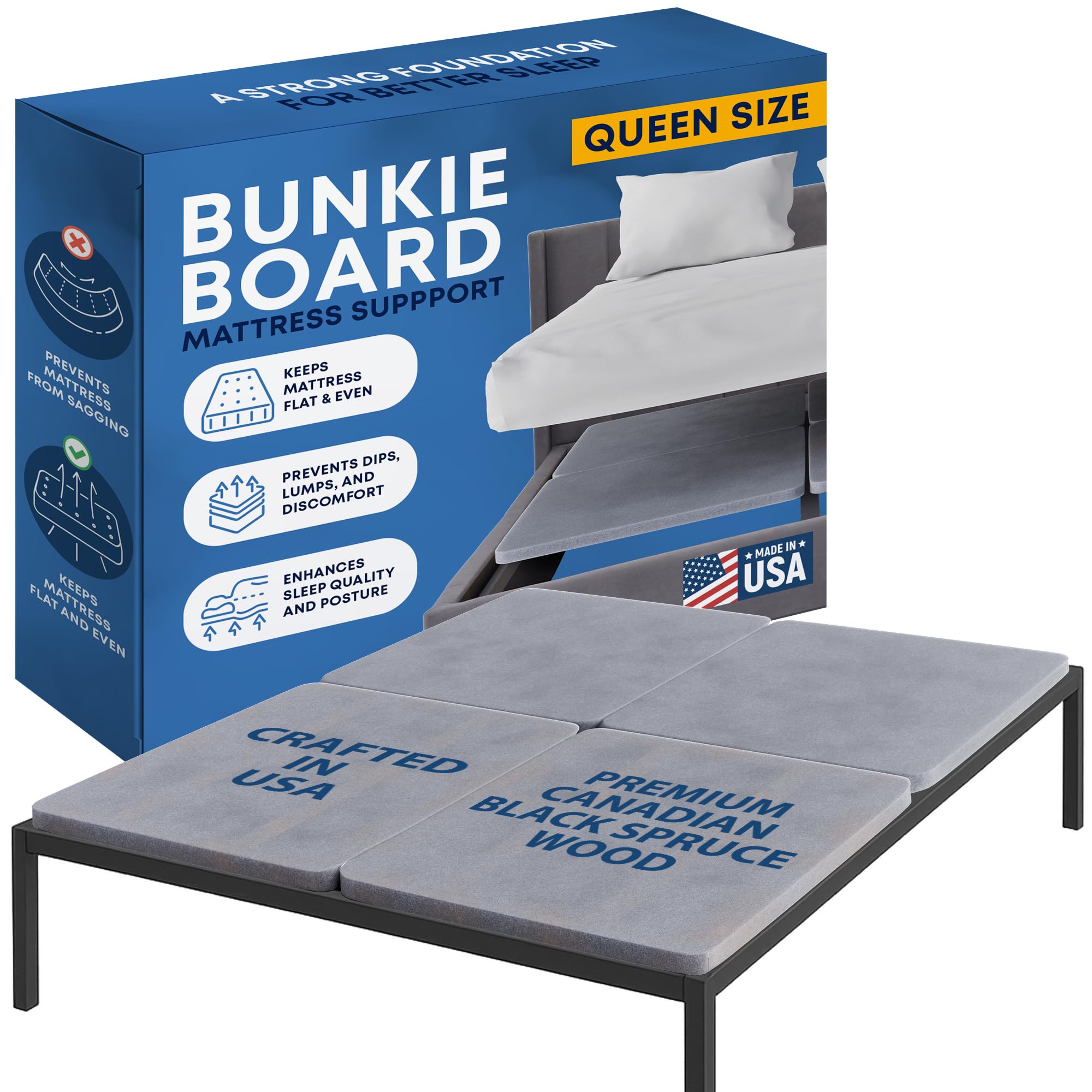 Greaton, Premium 38mm Split Wood Bunkie Board for Queen Size Bed - 4-Piece Under Mattress Support Board, Fully Assembled, Fabric Ventilation Cover - Replaces Wooden Slats or Box Spring for Bed Frames Image