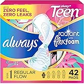 Always Radiant Teen Pads, Size 1, Regular, with Wings, Unscented, 42 Count