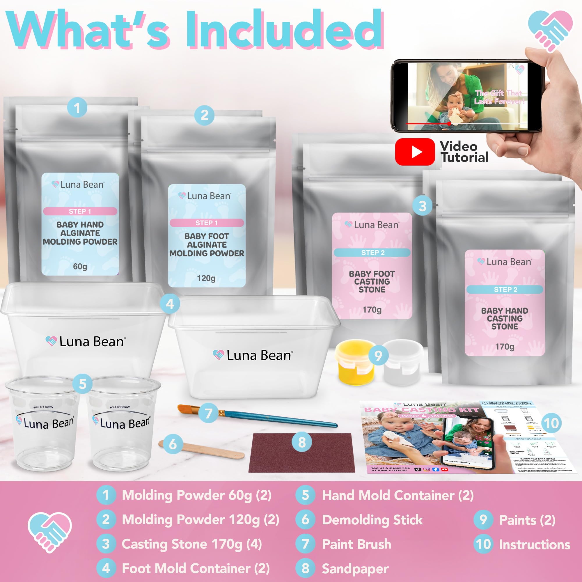 Luna Bean Baby Footprint & Hand Casting Kit (4 Pack) Newborn Keepsake Foot Hand Mold Kit - Baby Shower New Mom Gifts