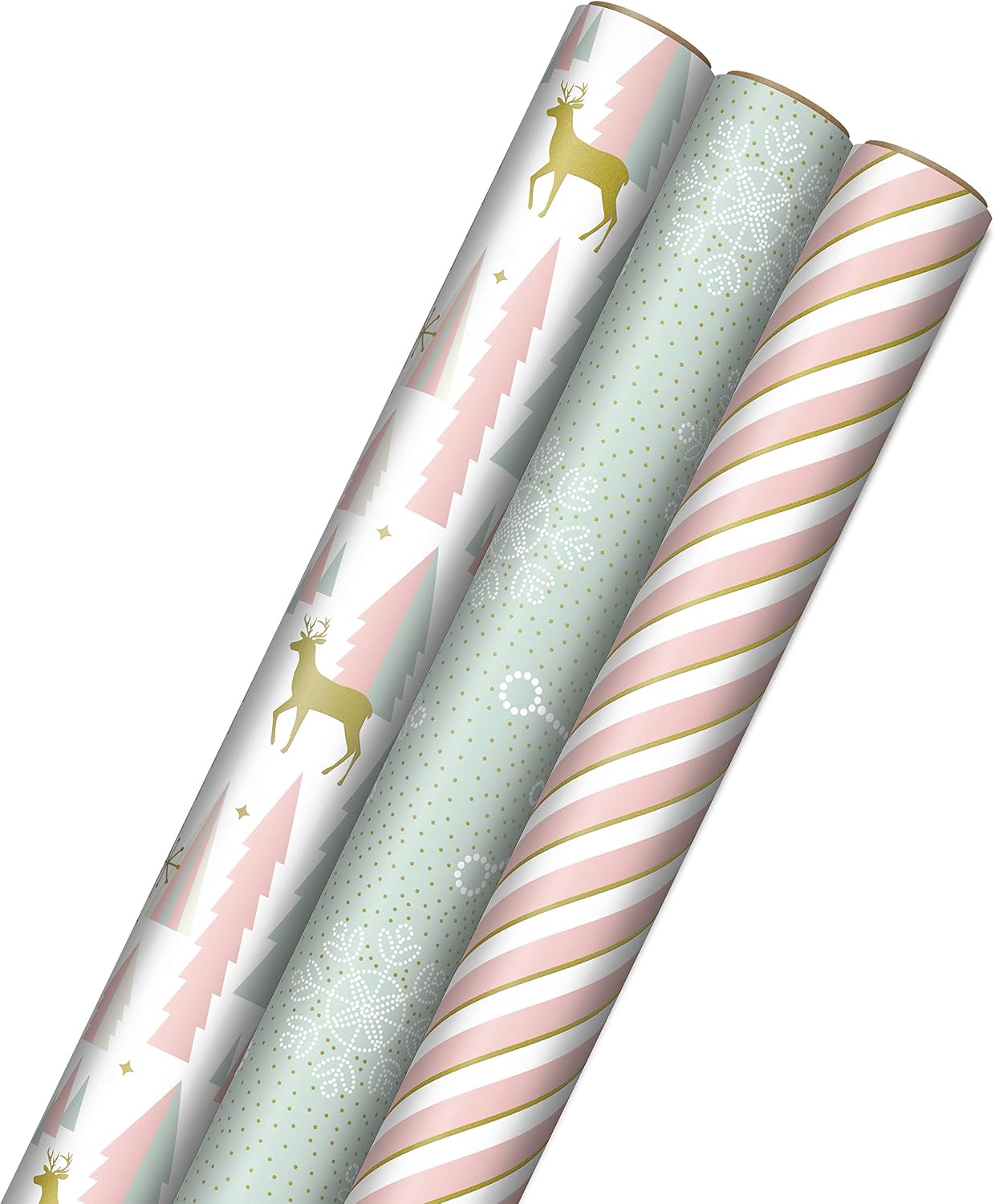 Amazon Com Hallmark Pink Christmas Wrapping Paper With Cut Lines On Reverse 3 Rolls 120 Sq Ft Ttl Pink Mint Gold Reindeer Christmas Trees Snowflakes Kitchen Dining