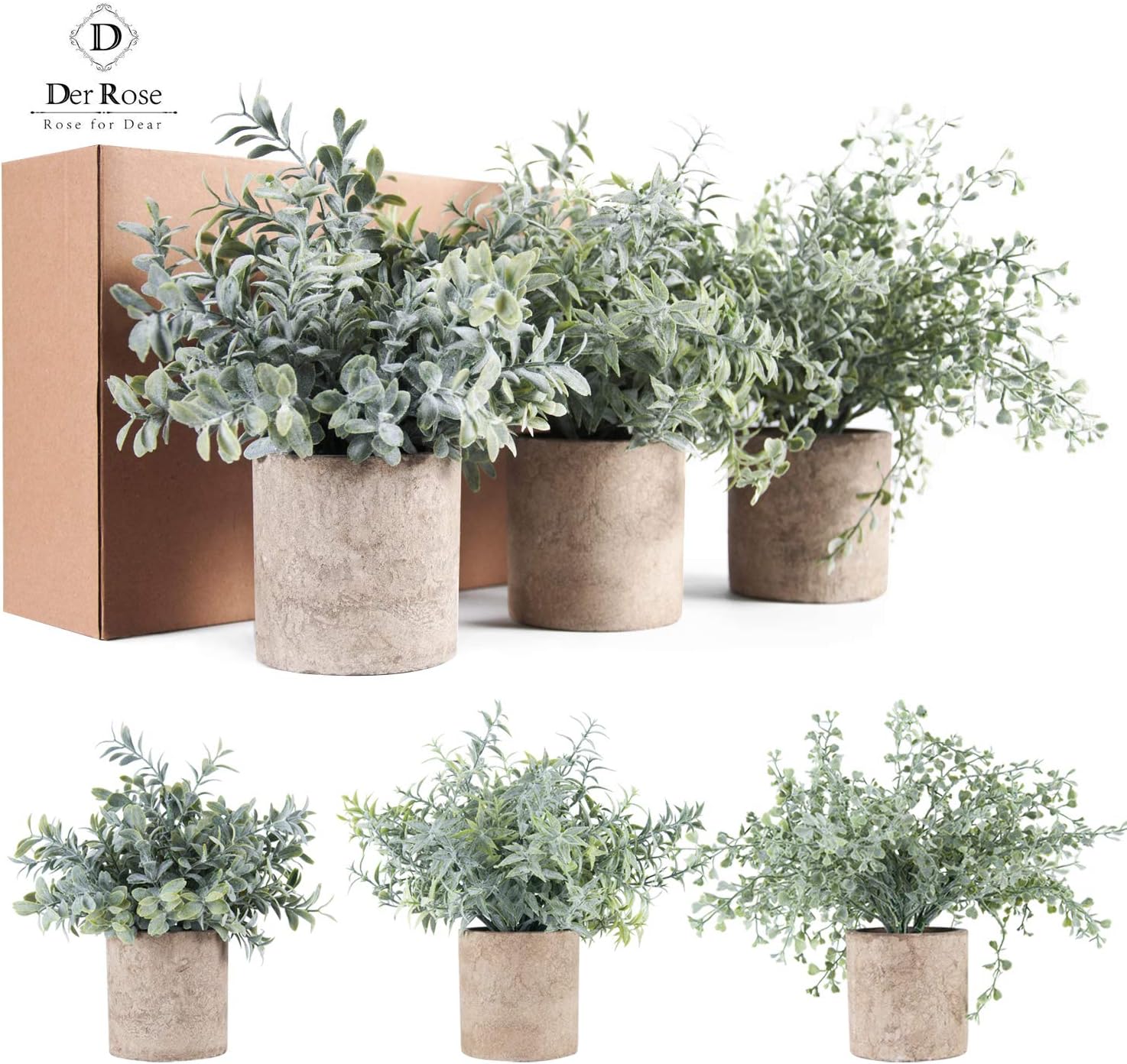 Der Rose 3 Pack Mini Potted Fake Plants Artificial Plastic Eucalyptus Plants for Home Office Desk Room Decoration -