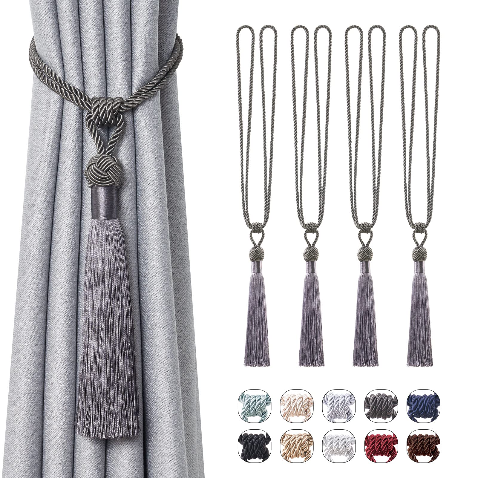 Pretty Jolly 4 Pack Long Tassel Curtain Tiebacks Handmade Braided Rope Knot Drape Tie Backs European Style Decorative Curtain Holdbacks for Home & Office Window Drapery (Dark Grey) — image 1