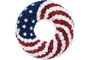 EGOLOT 18Inch Patriotic Roses Wreath, 4th of July Summer Soft Touch Foam Roses Wreath for The Front Door, Handcrafted Memorial Day Artificial Flowers for Indoor and Outdoor