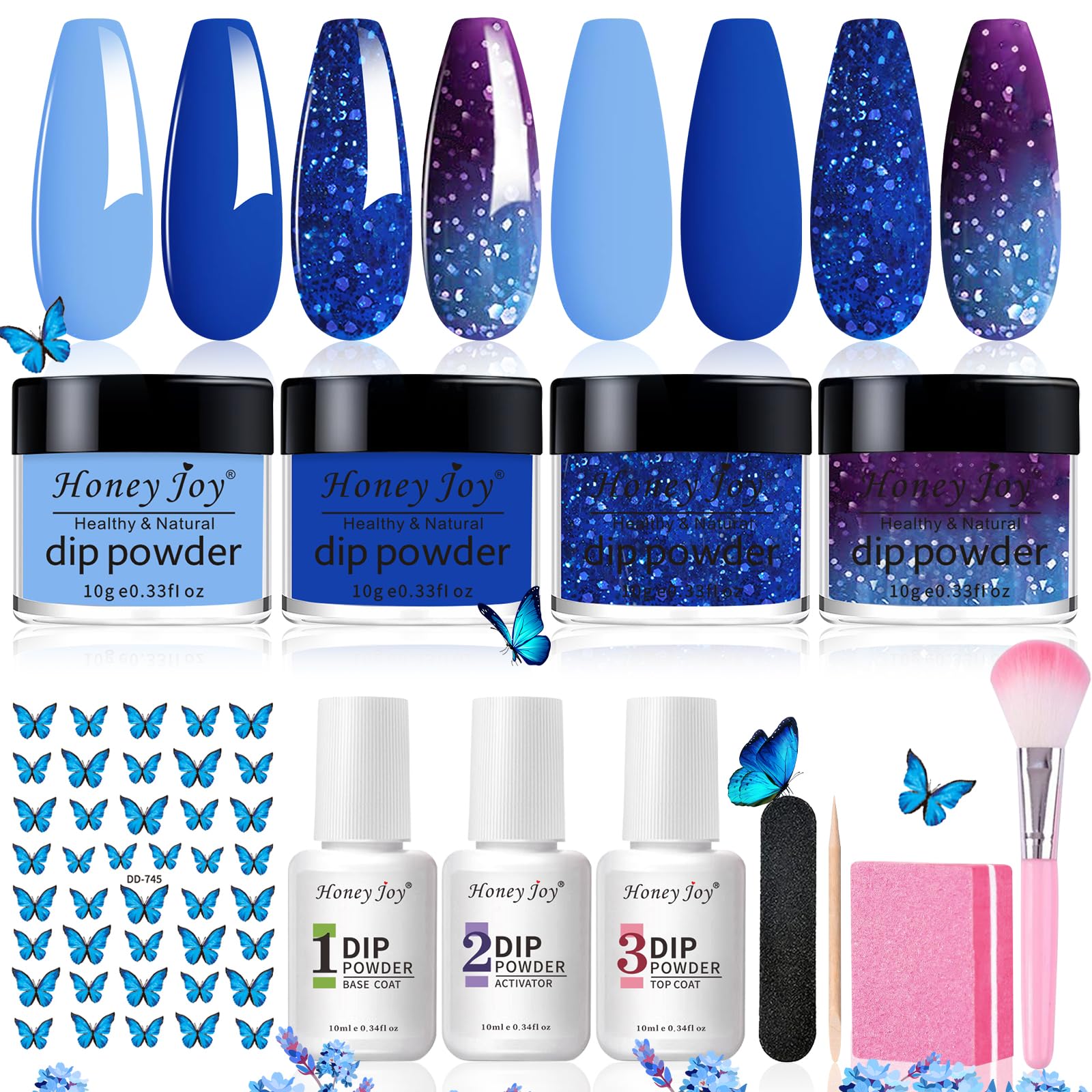 Honey Joy Dip Powder Nail Kit Starter,4 Colors Navy Blue Sky Blue Purple Glitter Dipping Powder Liquid Set with Base Top Coat for Nail Art Manicure Salon DIY No LED Nail Lamp Needed，Dip-7pcs-04 … …