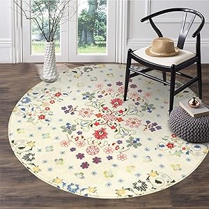 HAOCOO Round Area Rugs 3ft Rustic Floral Beige Soft Velvet Contemporary Throw Rug Non-Slip Country Style Romantic Fresh Floor Carpet for Bedroom Living Room Nursery Decor