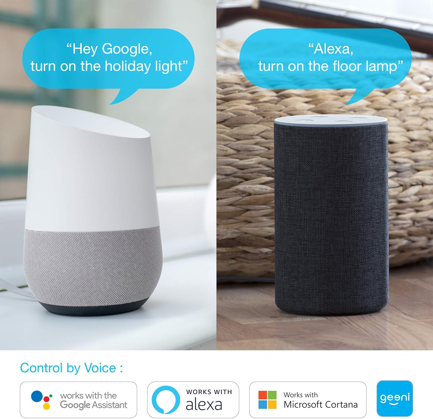 Geeni Switch Duo Double Smart Plug, White, 2 Outlets – No Hub Works with  Alexa, Google Assistant & Microsoft Cortana, Requires 2.4 GHz Wi-Fi - - 