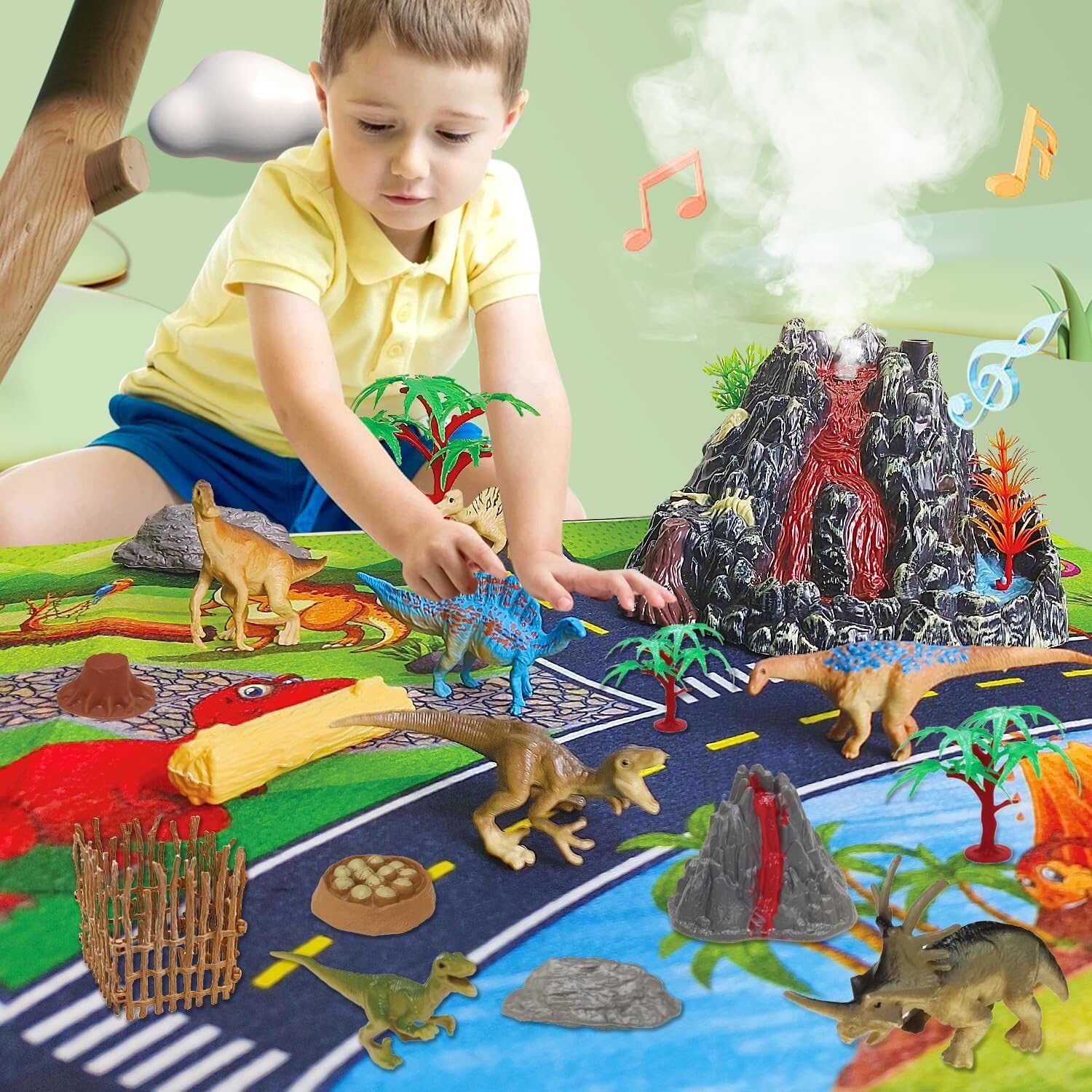 Erupting Volcano Model Dinosaur Toys with Mat, Perfect Dinosaur Toys with Sounds and Lights for kids3 4 5 6 7, 12 Dinosaurs, Plastic Dinosaur Jurassic World Figure Set,Gift for Toddler Boys & Girls