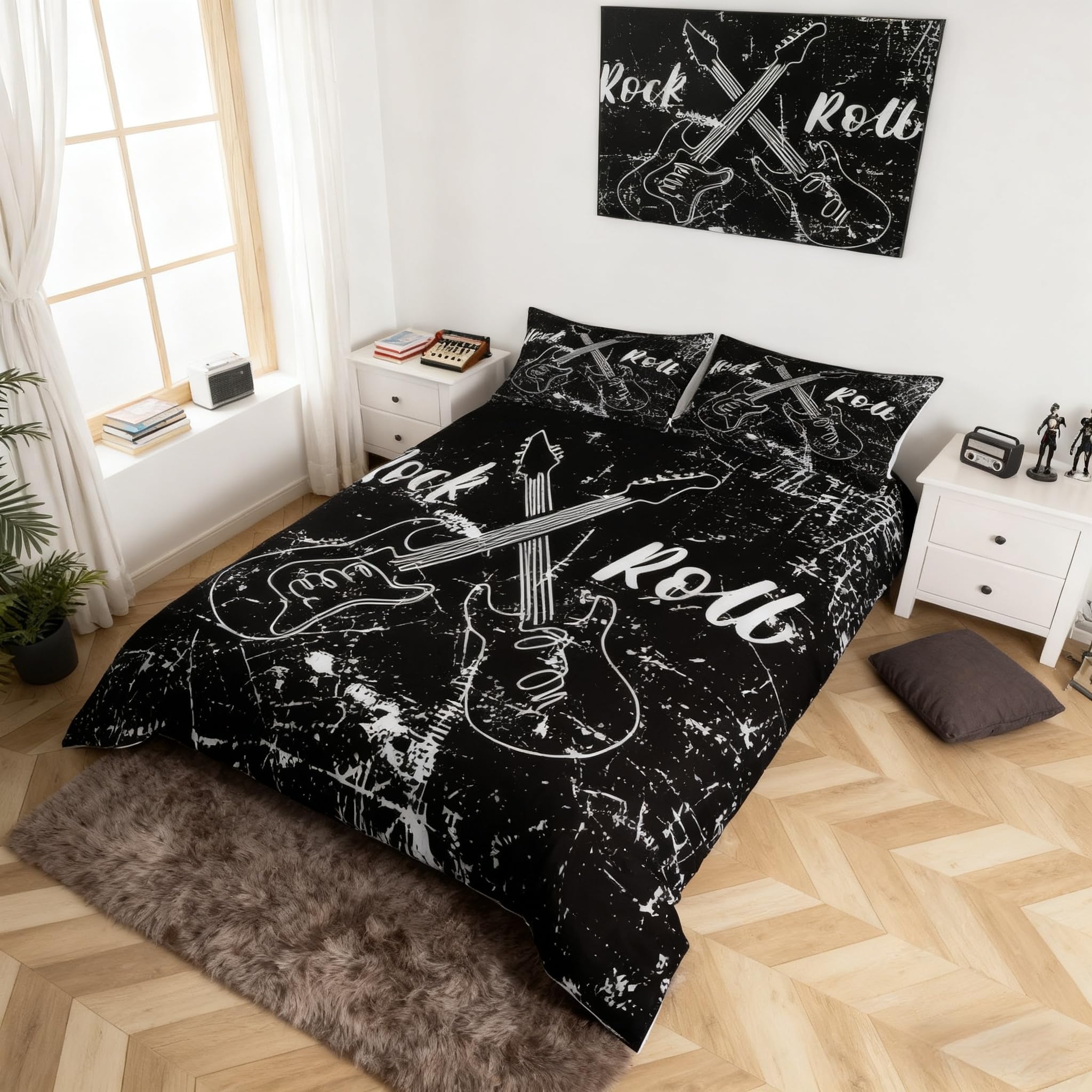 feelingyou Rock Roll Music Duvet Cover King for Children,Guitar Instrument Bedding Set Room Decor Gift Comforter Cover,Retro Abstract Graffiti Quilt Cover with 2 Pillowcases, 3 Pieces, Soft