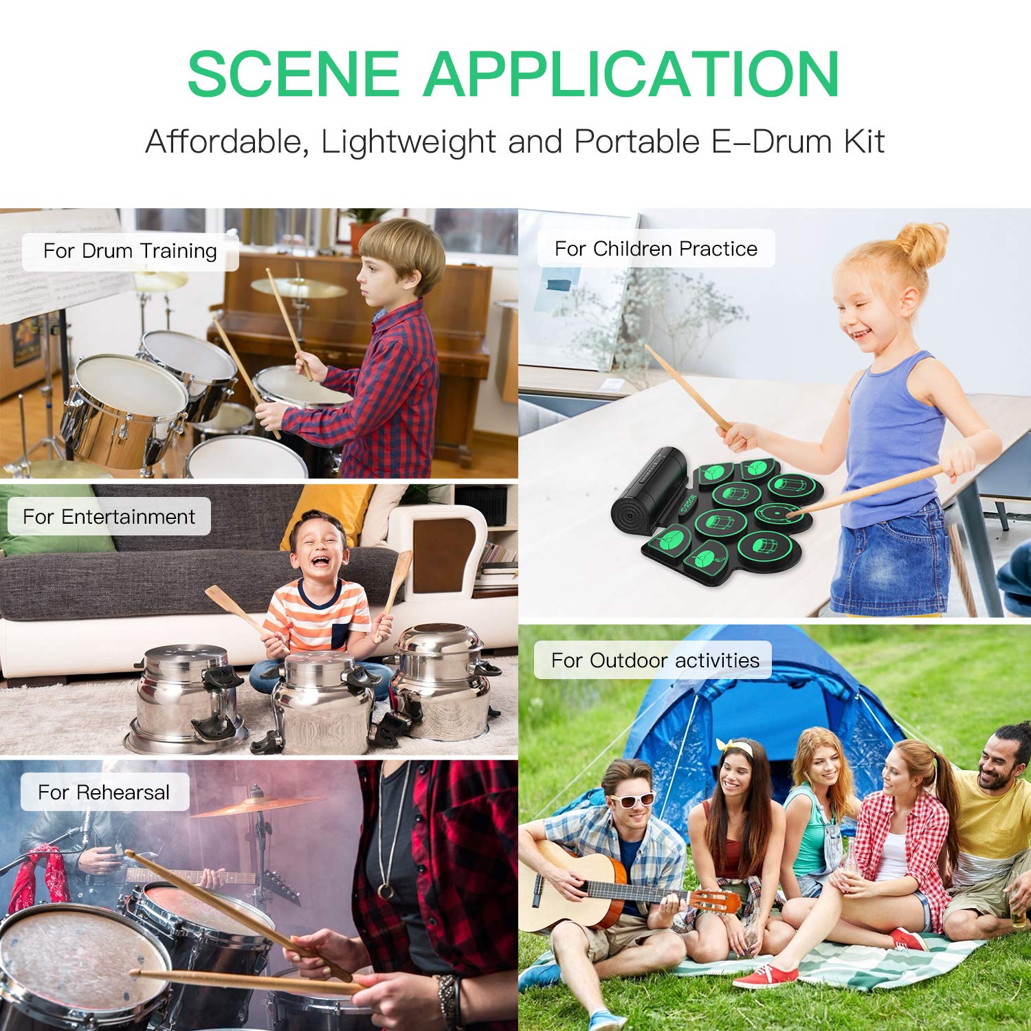 Elektronisches Schlagzeug Kit 9 Pads Tragbare Roll Up Midi Tabletop E-Drum Schlagzeug Set mit Eingebautem Lautsprecher Drum Fußpedal Drumsticks für Kinder Anfänger - Uverbon