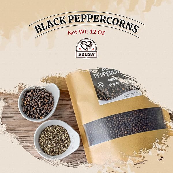 52USA BLACK PEPPERCORNS, 12OZ (PACK OF 1), PEPPERCORNS FOR GRINDER REFILL, GLUTEN-FREE, KOSHER, WHOLE PEPPERCORNS, ALL NATURAL BLACK PEPPER