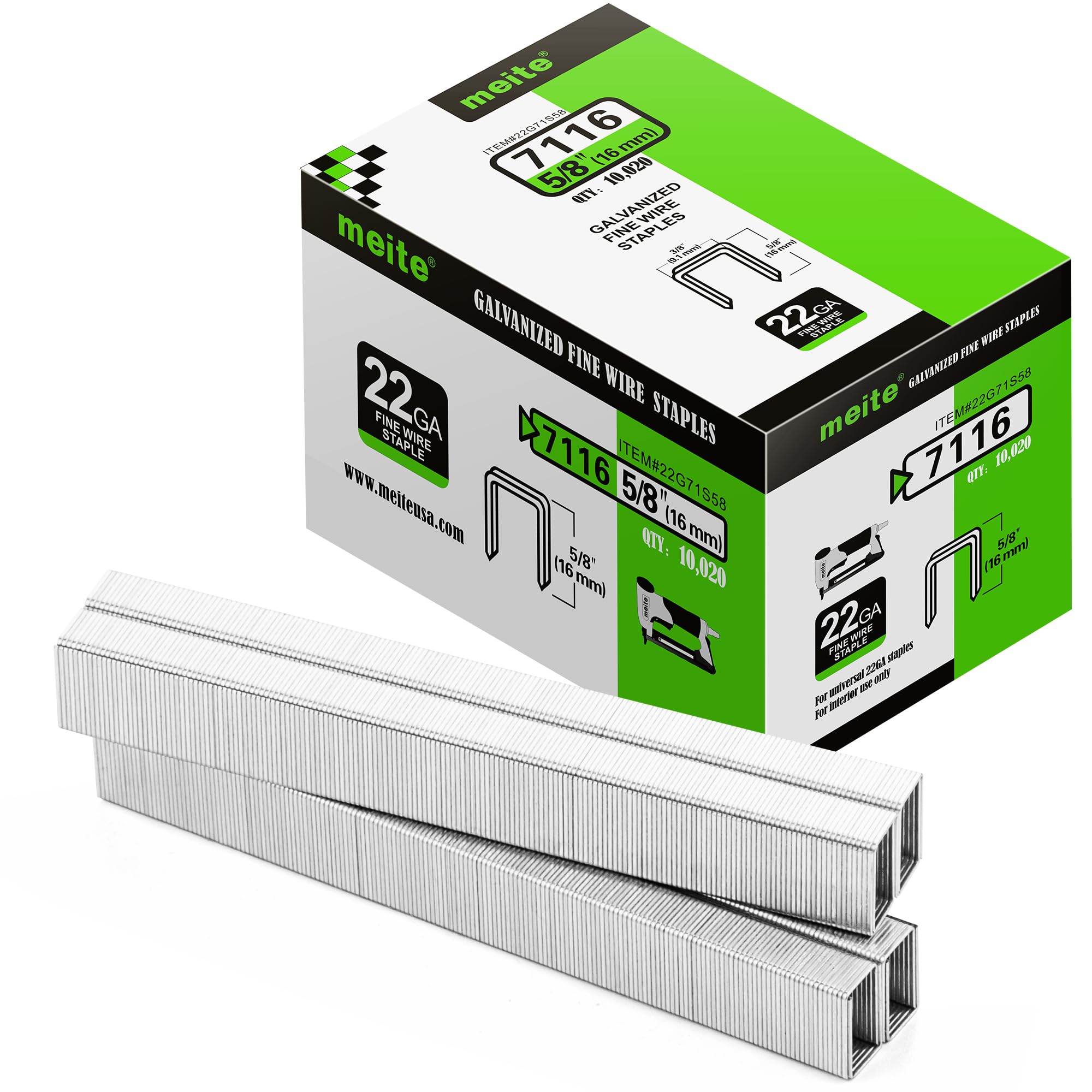 meite Type 71/16 mm Staples, Galvanised Type 71 Upholstery Staples for Staple Gun, 22 Gauge, 9.1 mm Crown, Ideal for Carpet, Work Box, Cable, Shed, Fence (10,000 Counts)