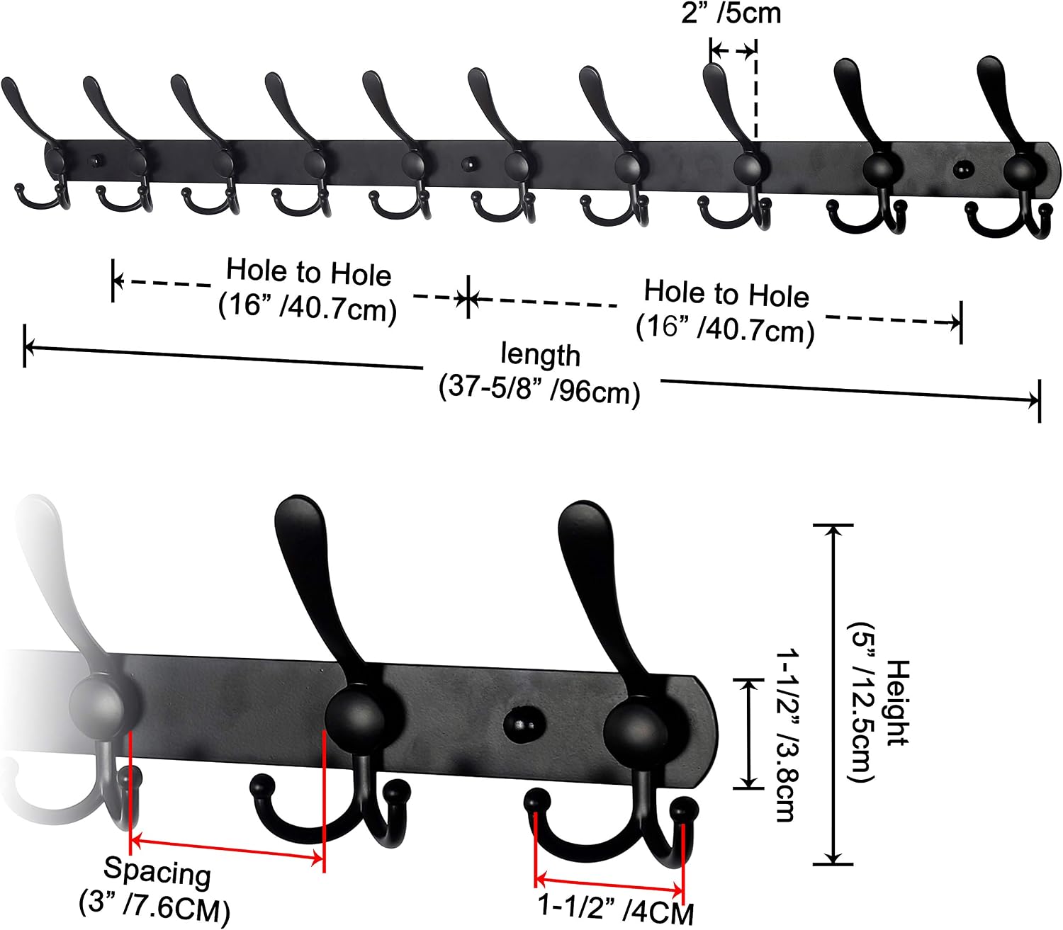 Dseap Wall Mounted Coat Rack, 96cm Long 10 Tri Hooks - Image 3