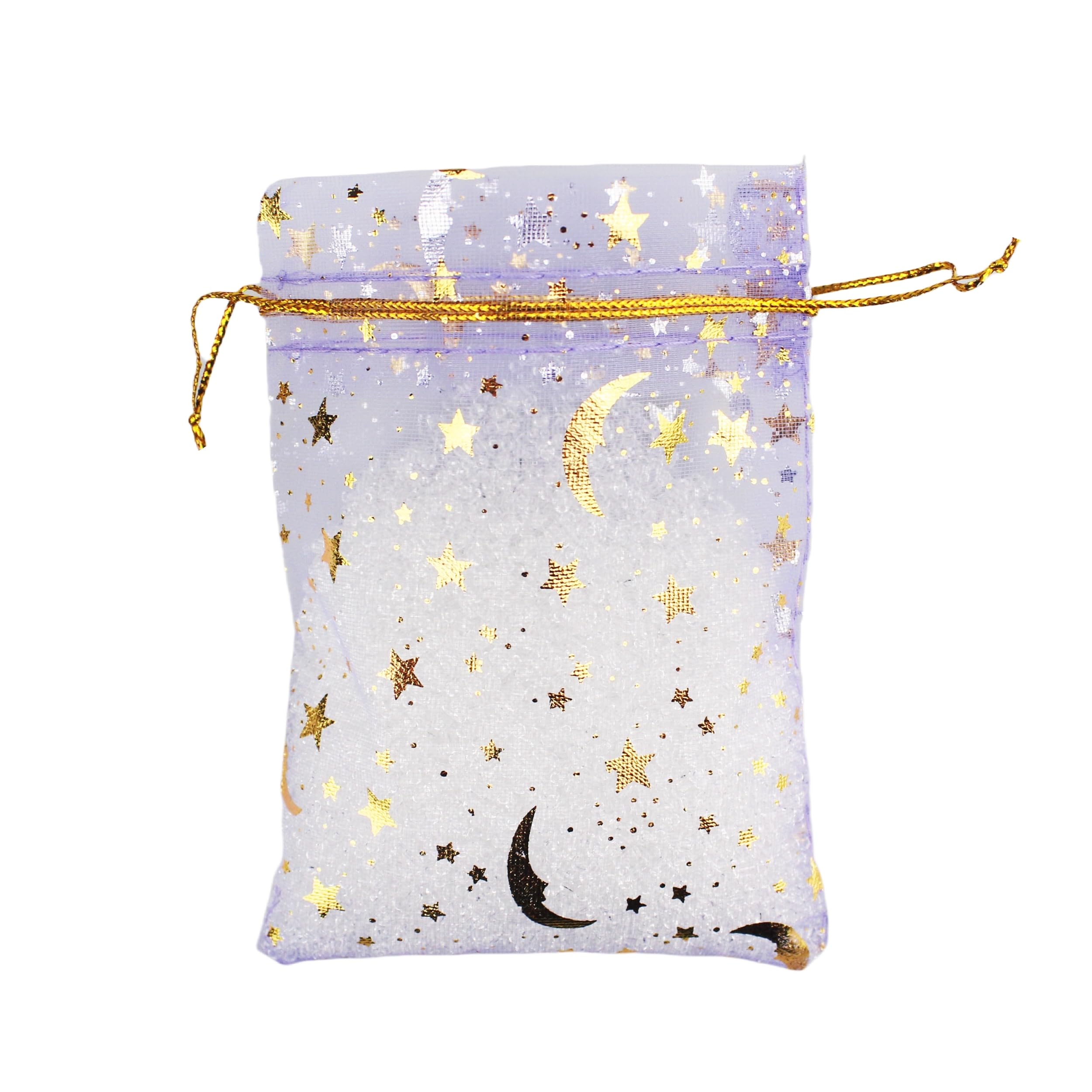 QIANHAILIZZ 100 Moon Star Organza Jewelry Gift Pouch Candy Pouch Drawstring Wedding Favor Bags (lilac, 3.5 x 4.7 inch)