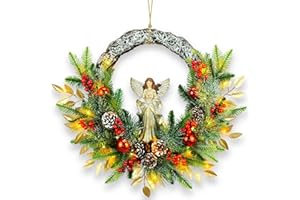 YULETIME 24" Angel Christmas Wreath, Artificial Holiday Wreath with Resin Angel Statue, Natural Rattan Ring & Pine Cones, Golden Leaves, Red Baubles, Spruce Branches, Snowy Pine Needles