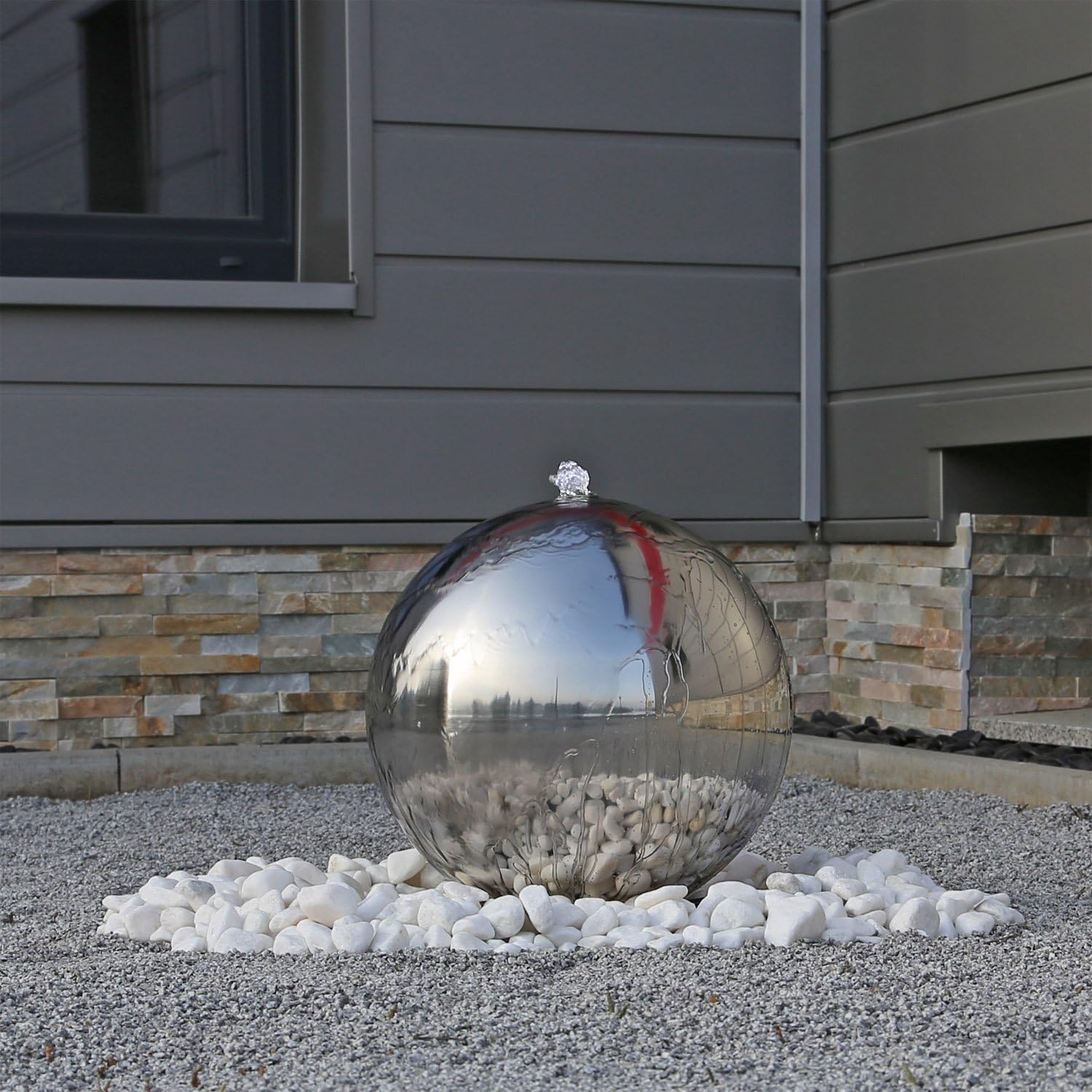CLGarden Stainless steel fountain ESB4 polished 38cm big ball in complete set with pump LED lighting basin hose