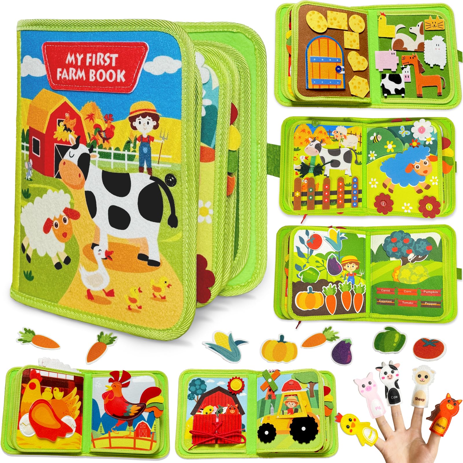 Kulveanju Busy Board Book for Toddler - Farm Quiet Book Montessori Sensory Activities Car Plane Travel Toys, Educational Learning Fine Motor Skill Development Gifts for Boys Girls 1 2 3 4 Years Old