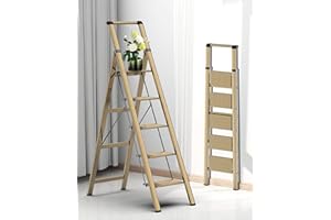 COROCO 5 Step Ladder, Folding Step Stool with Handgrip and Anti-Slip Wide Pedal, Portable Lightweight Aluminum Stepladder for Kitchen, Home, Library, Office (300 lbs Capacity) - Gold
