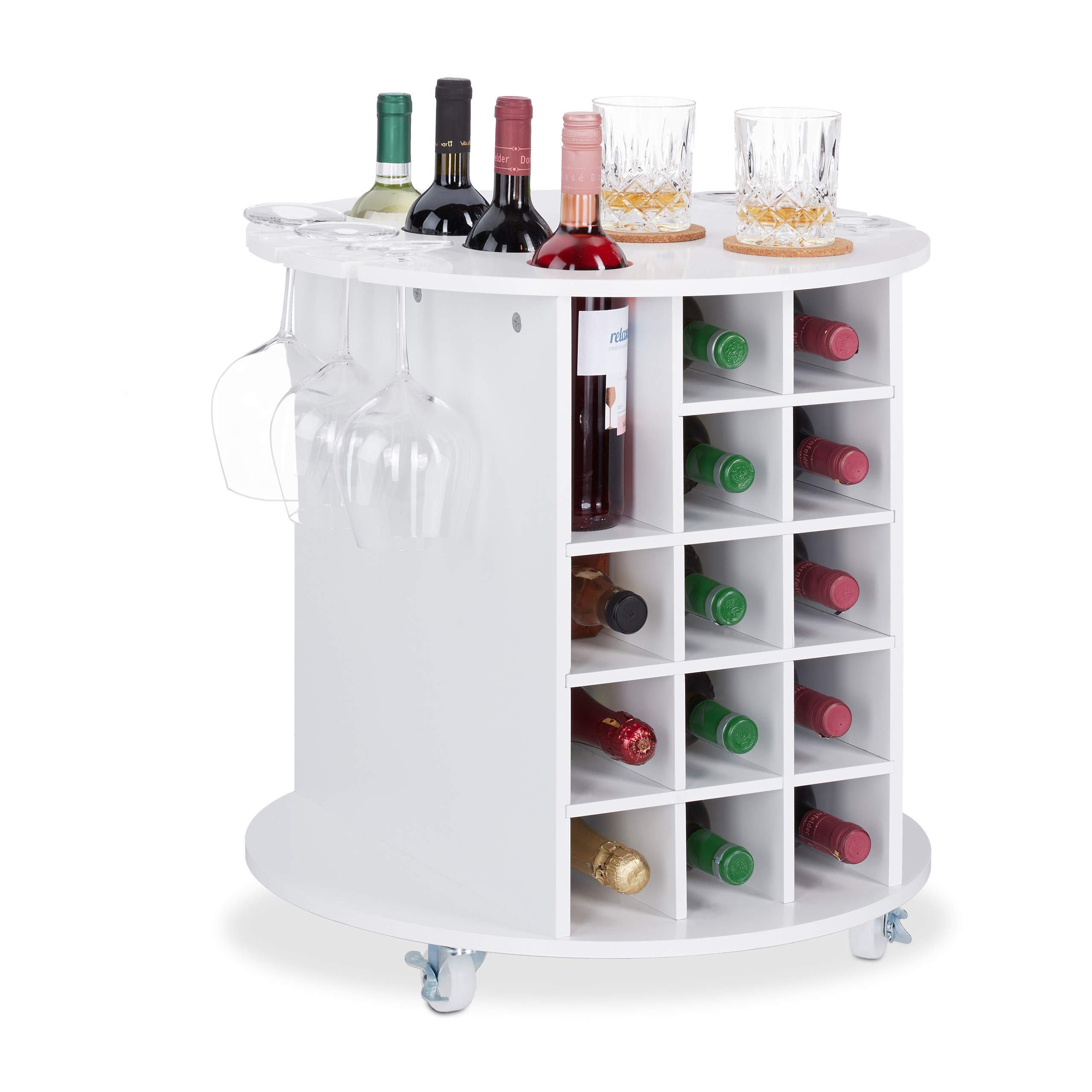 Relaxdays Wine Shelf with 360° Casters, 6 Glass Holders, Wine Storage for 17 Bottles, Round, HxD: 56x54cm,White