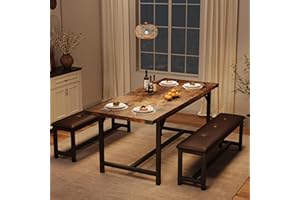 IDEALHOUSE Space-Saving 63" Extendable Dining Table Set for 4-6, Rectangle Kitchen Table with 2 Upholstered Benches, Sturdy M