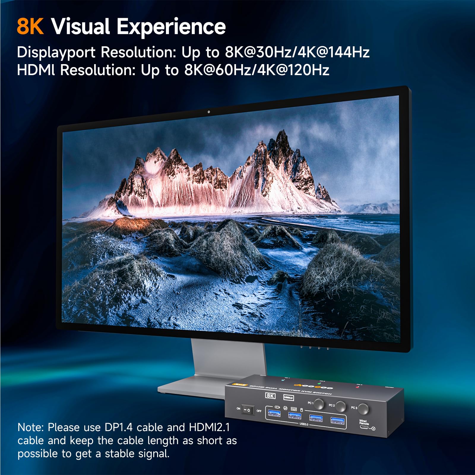 HDMI DP KVM Switch 8K@60Hz, Dual Monitore KVM Switches für 3 PC und 2 Monitor mit 4 USB 3.0 Häfen, Kabelfernbedienung, USB Kabel im Lieferumfang, Netzteil 7